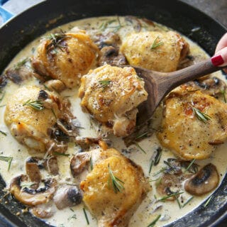 Rosemary Mushrooms and creamy sauce over a chicken thigh