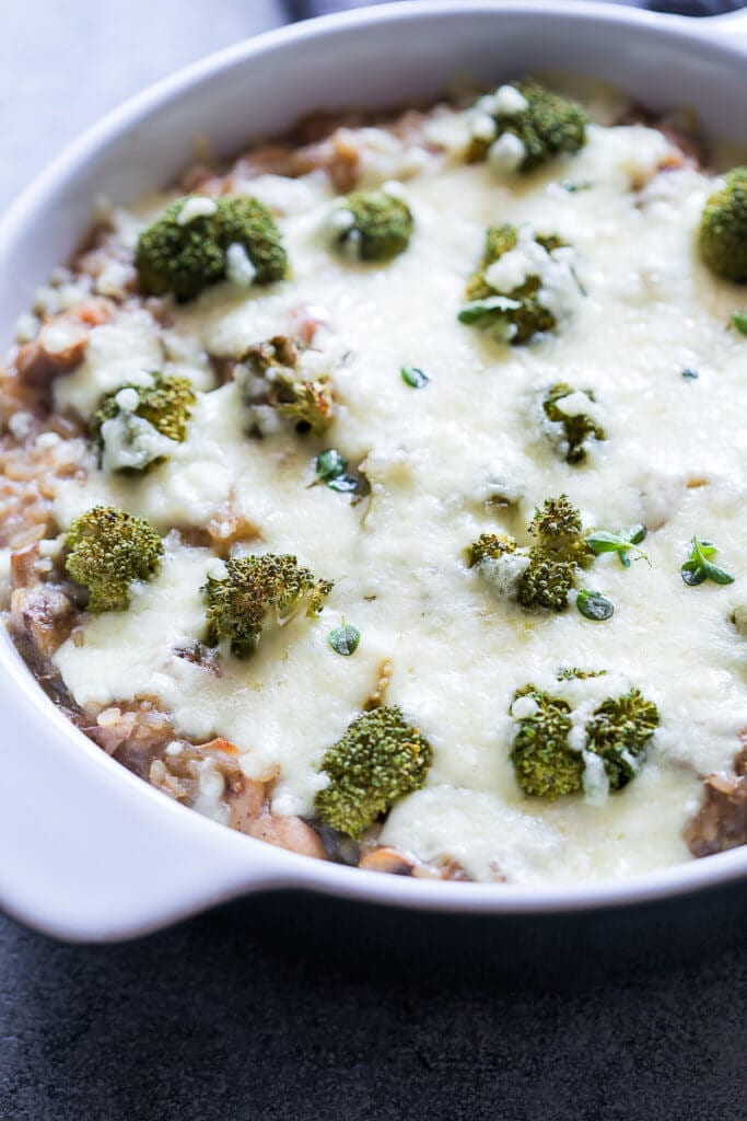 Broccoli Chicken Rice Casserole in white dish.