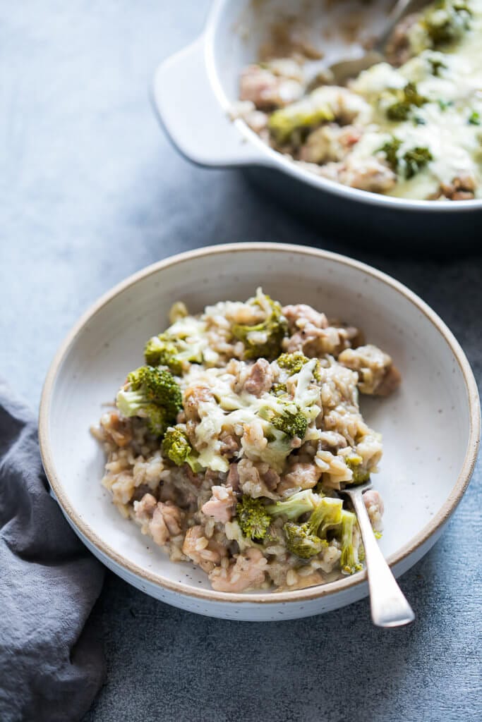 A plate of broccoli chicken rice casserole