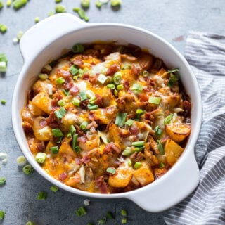 Buffalo chicken casserole in white dish