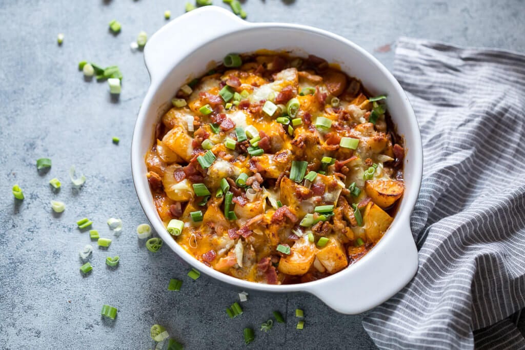 Buffalo Chicken Casserole in white bowl.