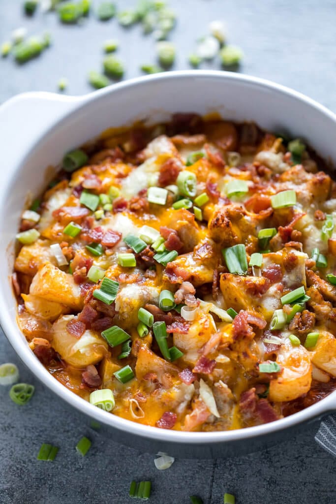 Buffalo Chicken Casserole in white dish.