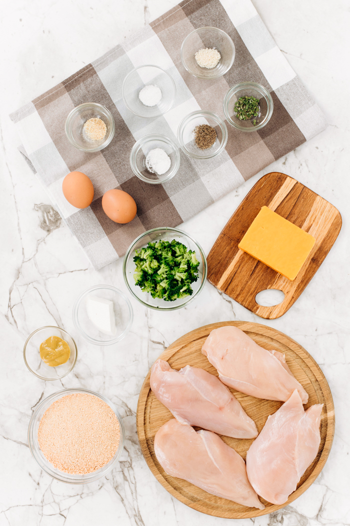 All the ingredients found in the broccoli cheese stuffed chicken rolls