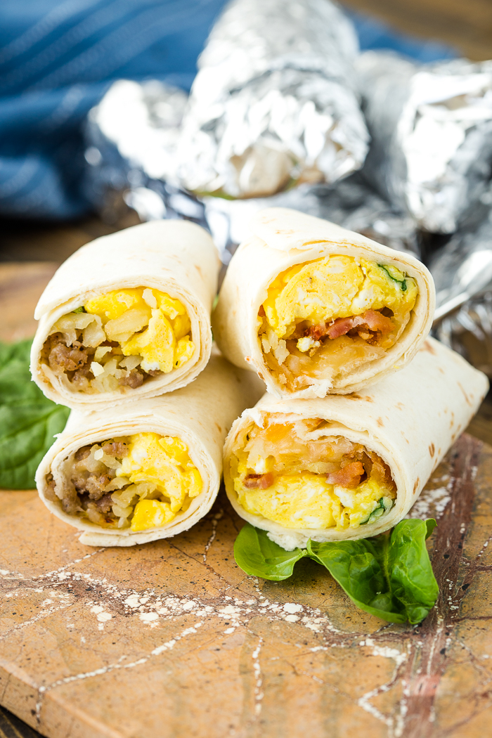 A stack of breakfast burritos