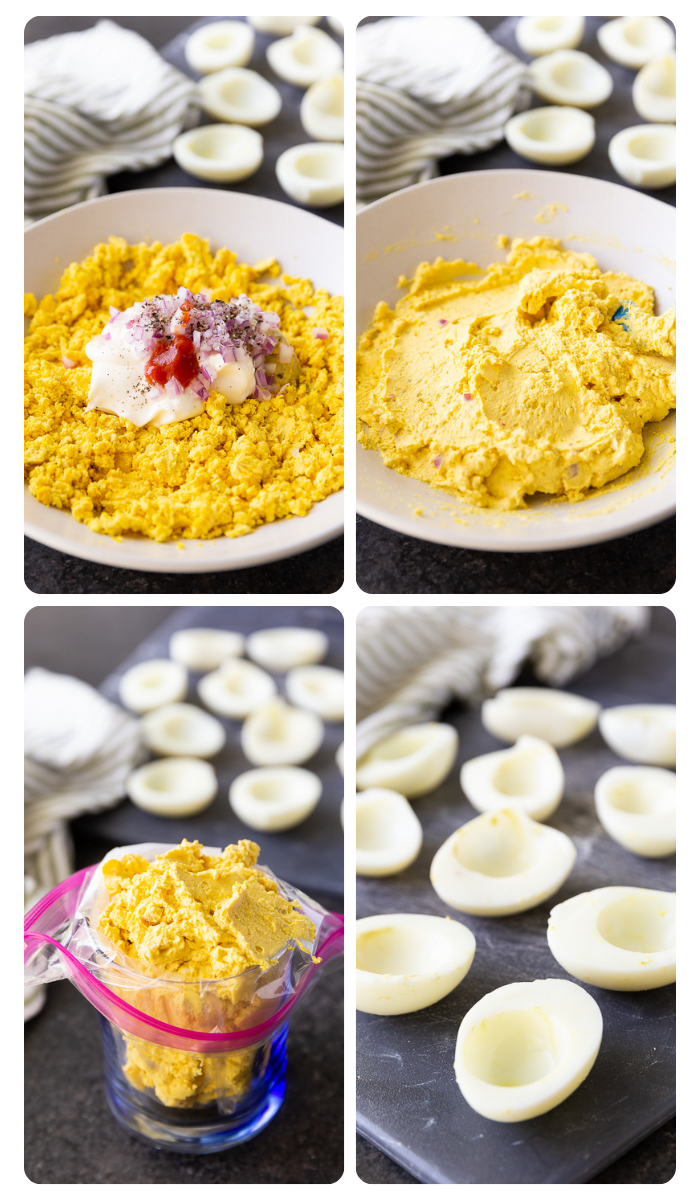 Step-by-step photo showing how to make deviled eggs—from boiling and peeling to mixing the creamy filling and piping it into egg whites for a perfect appetizer.