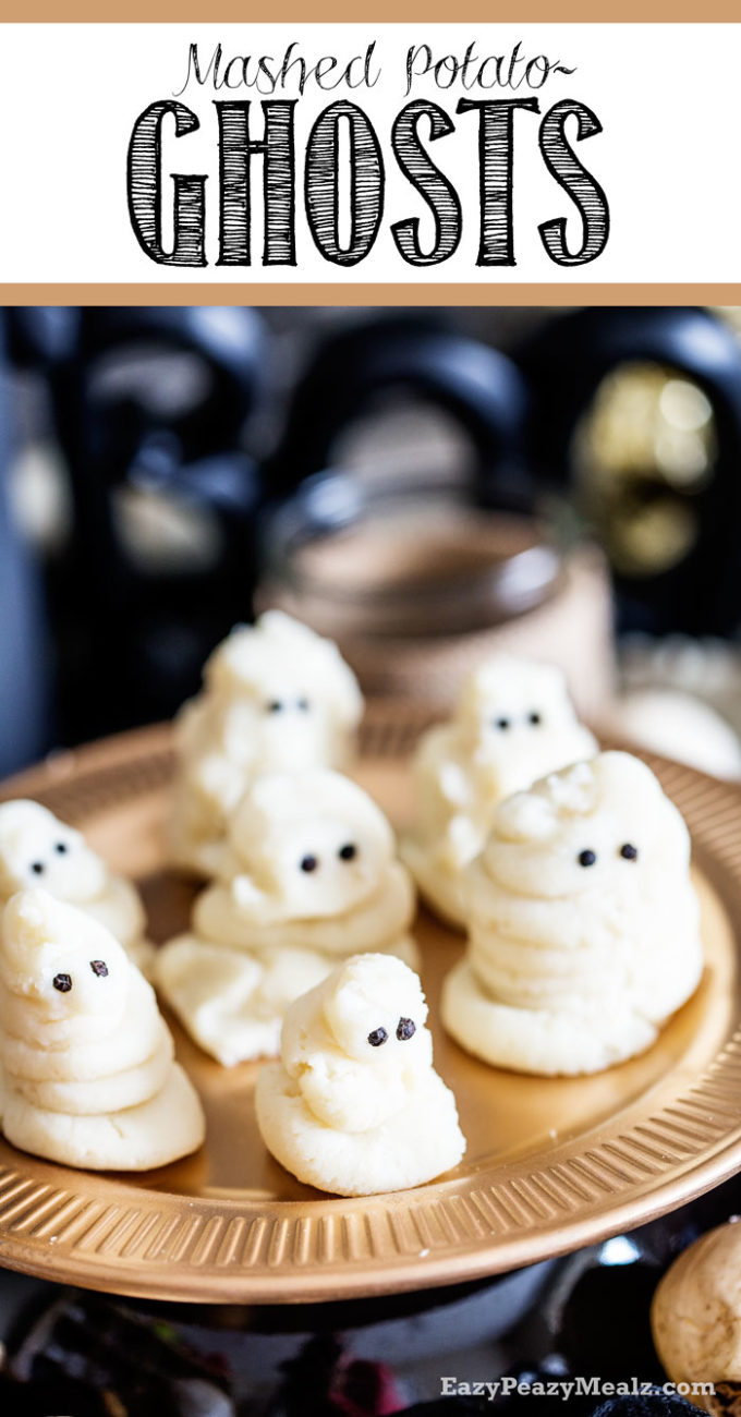 Darling Mashed Potato Ghosts with black peppercorn eyes make a healthy, fun Halloween side!