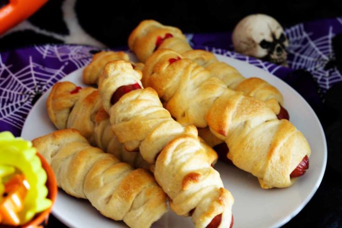Halloween Mummy Dogs, hot dogs and crescent rolls