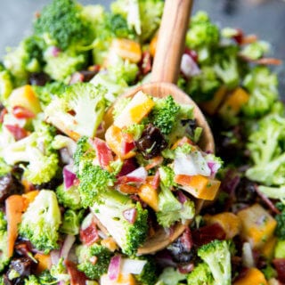 Best Ever Broccoli Salad: Broccoli, cashews, cheese, bacon, red onion, dried fruit and a tangy sauce