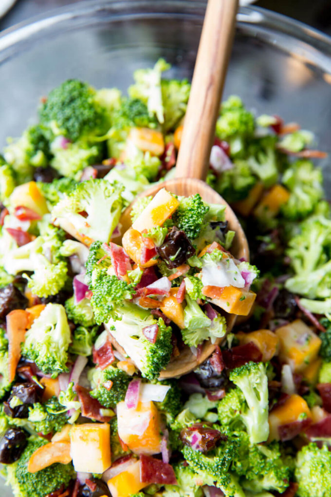 Best Ever Broccoli Salad: Broccoli, cashews, cheese, bacon, red onion, dried fruit and a tangy sauce