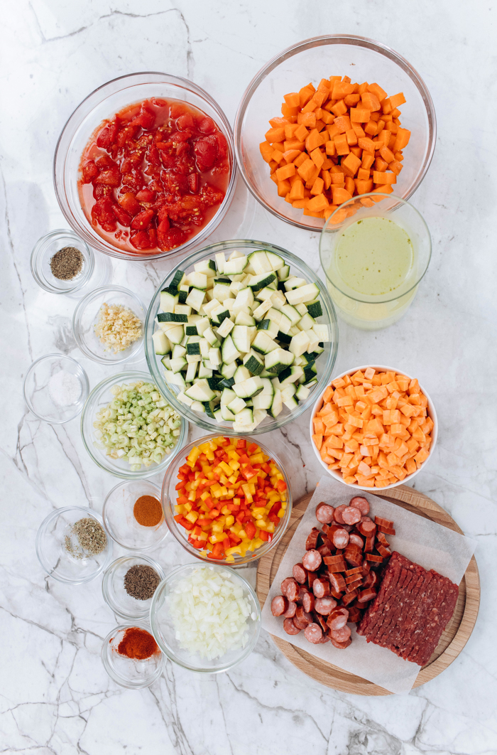 All the vegetables in clear glass bowls, great for a soup