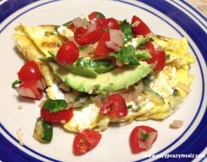Cheese-less Vegetable Omelet with Fresh Pico and Avocado