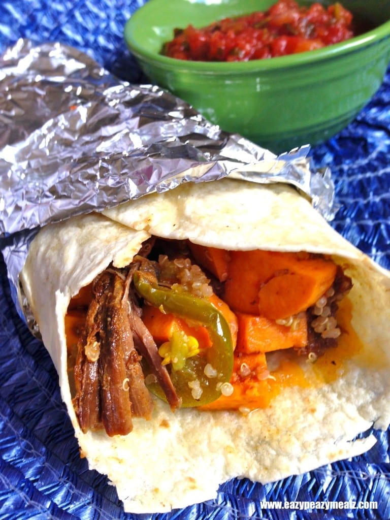 BBQ Pork, sweet potato, quinoa burrito