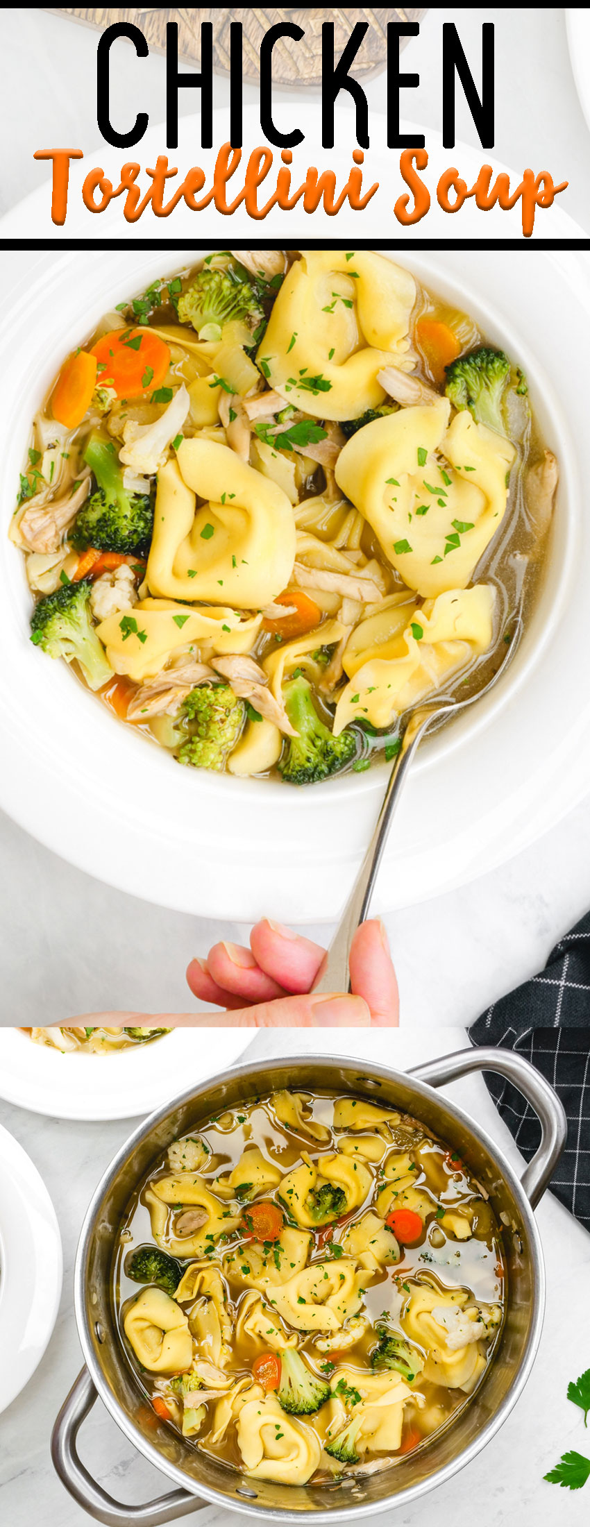 Delicious comfort food, this chicken tortellini soup is loaded with veggies and cheesy tortellini!
