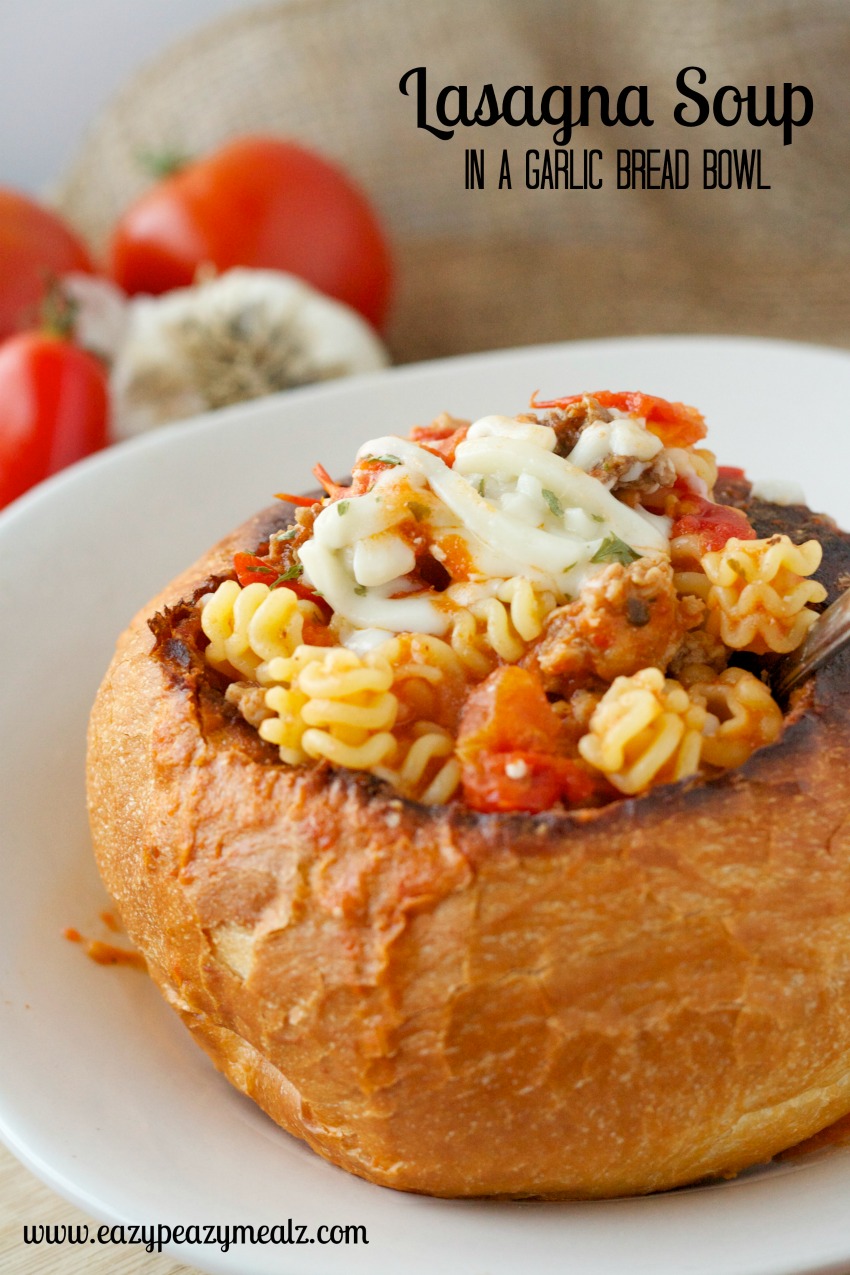 lasagna soup in a garlic bread bowl