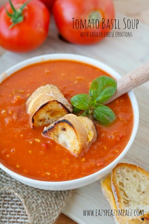 Tomato Basil Soup with Grilled Cheese Croutons