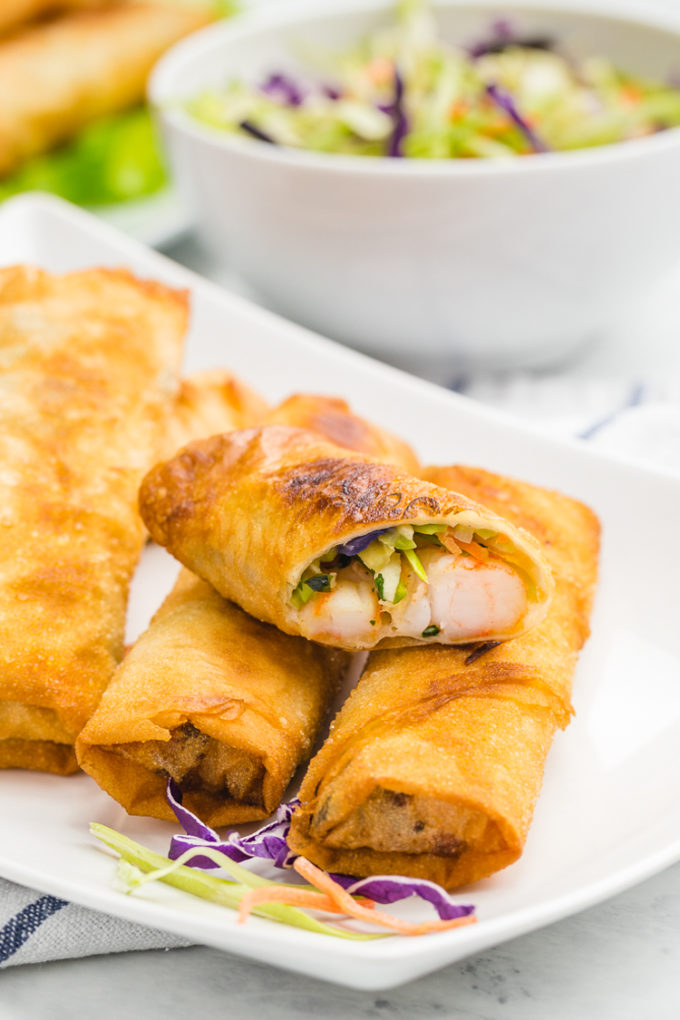 Shrimp and veggie egg rolls that can be baked or fried for perfect results every time