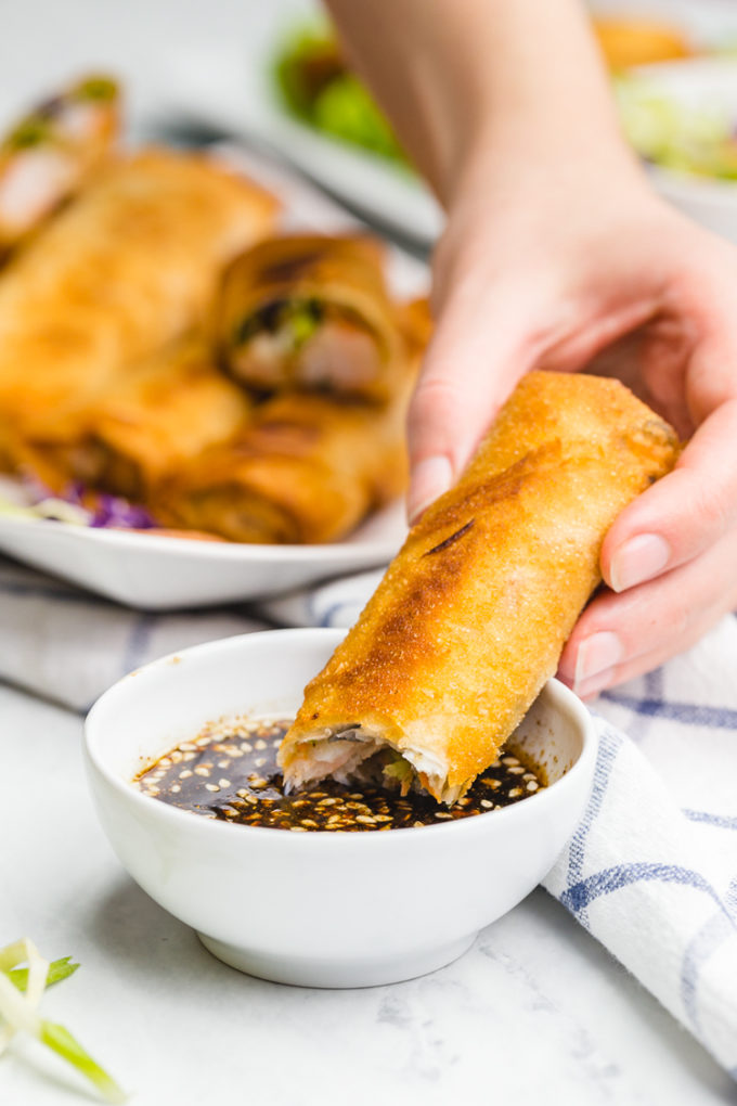 Great egg rolls, dipped in a great sauce, shrimp and veggies