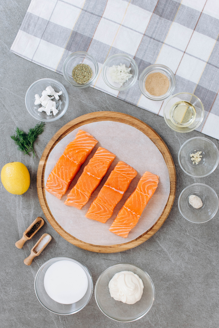 all the ingredients you need to make a pan seared salmon with creamy dill sauce for salmon