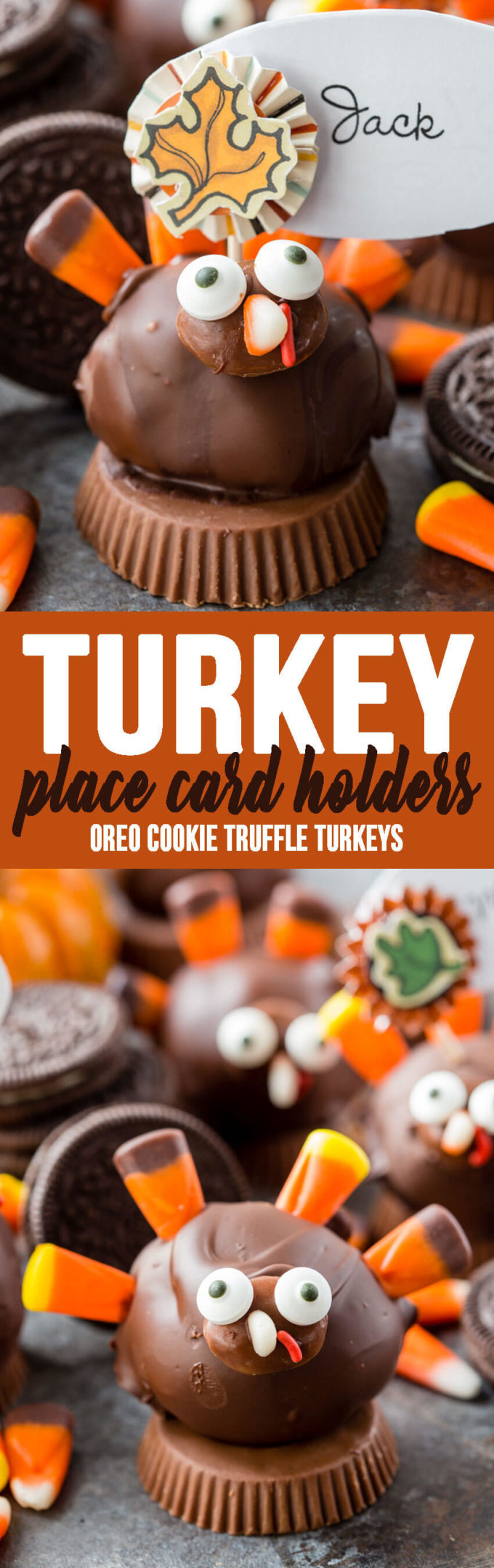 OREO Turkey Truffles turned into the cutest name card or place card holders for your Thanksgiving table. 