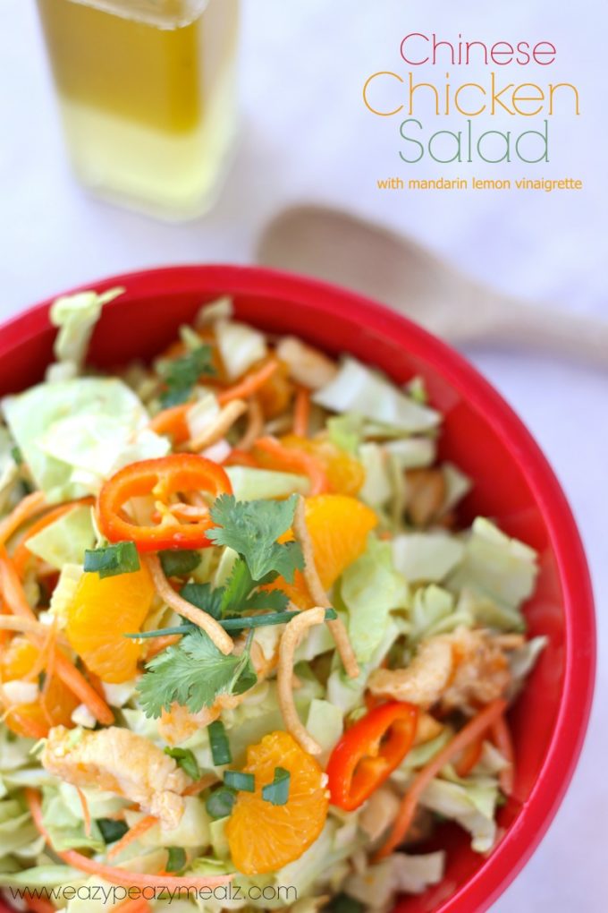 Chinese chicken salad with mandarin lemon vinaigrette dressing, a simple and healthy dinner option