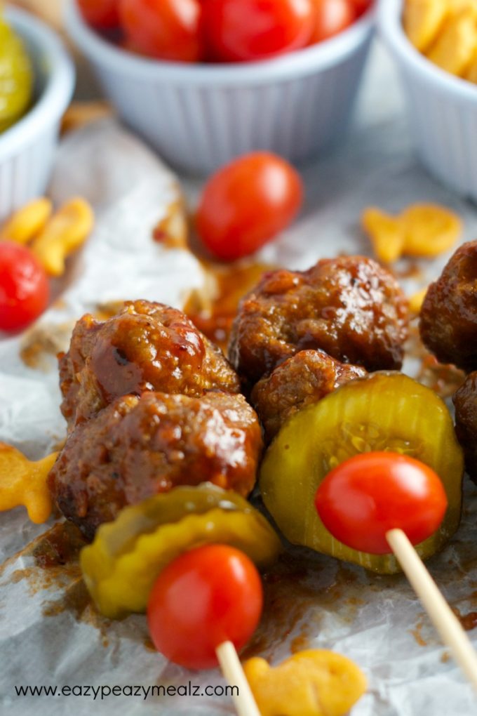 bbq bacon burger with cheese, meatballs, a game day snack or meal