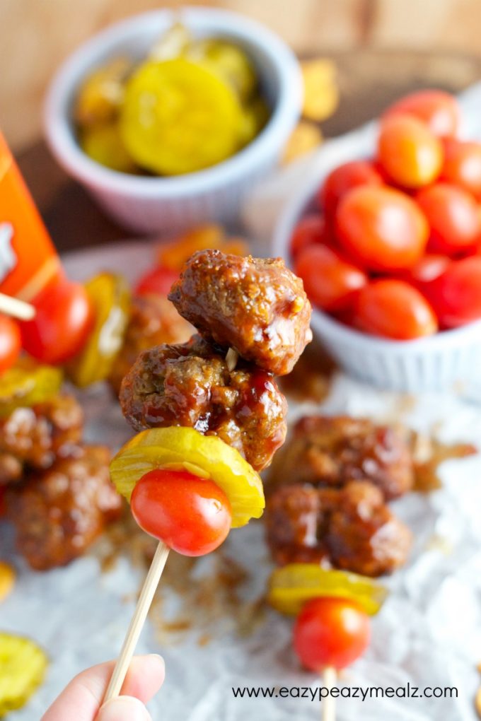 meatball skewer, BBQ Bacon Cheeseburger meatballs, game day snack or meal