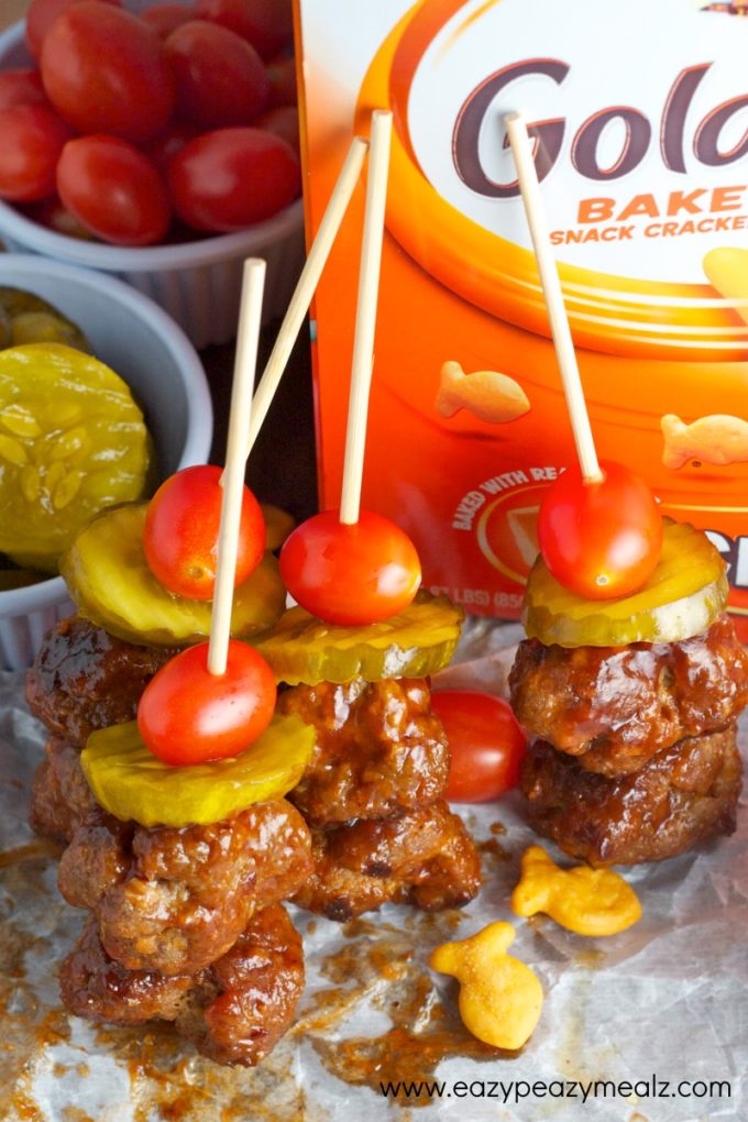 meatball skewers bbq cheddar bacon, made with goldfish, a great meal or snack