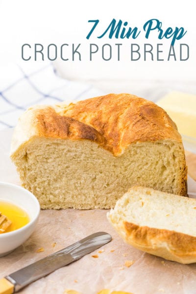 This bread is so easy and only takes 7 minutes of prep time, just dump everything in a mixer, knead, and put in crock pot to cook.