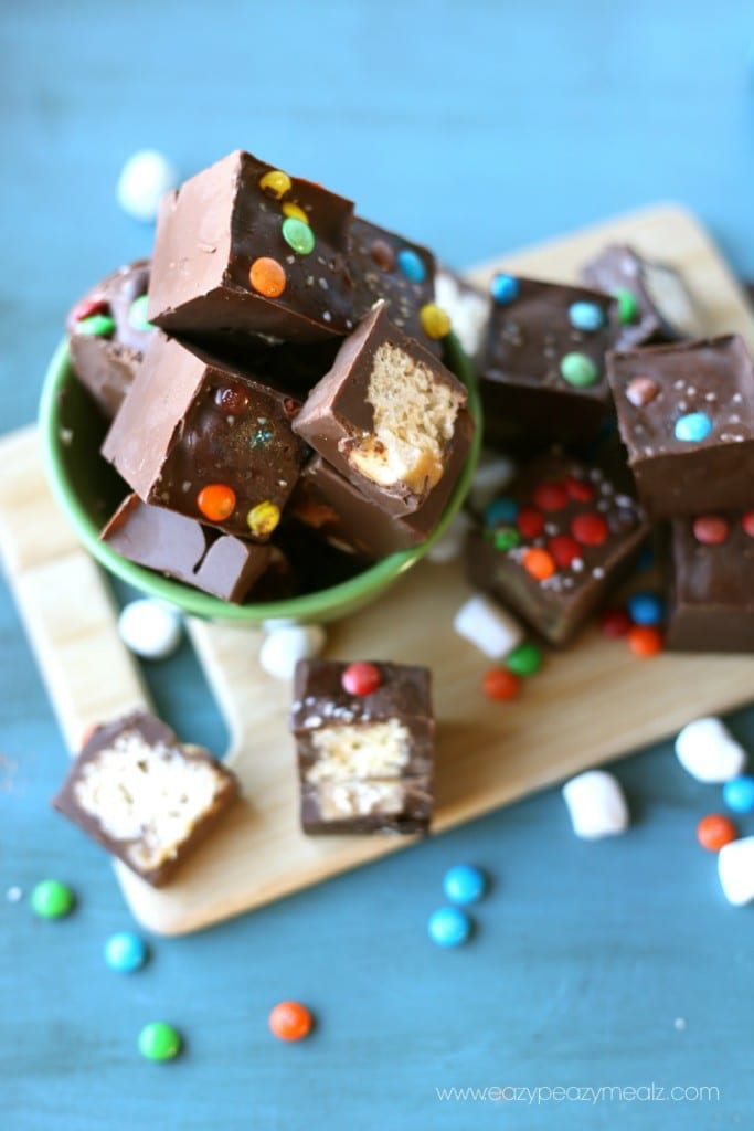 chocolate covered rice krispies treats, a simple dessert or snack, rice kristpie candy bar bites 