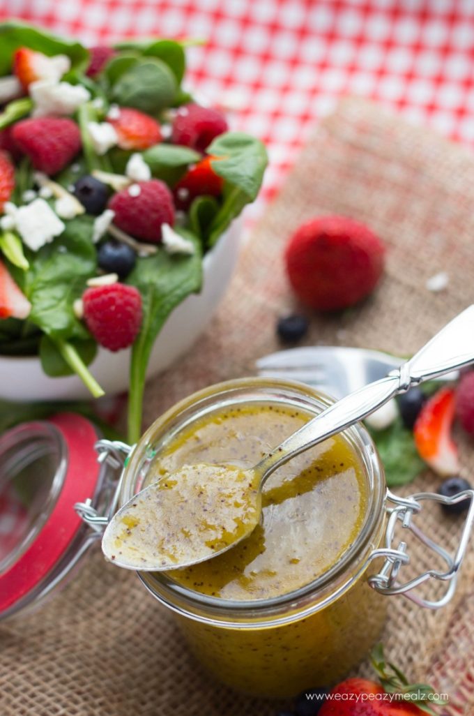 Poppy seed dressing, mustard poppyseed dressing with a summer spinach berry salad