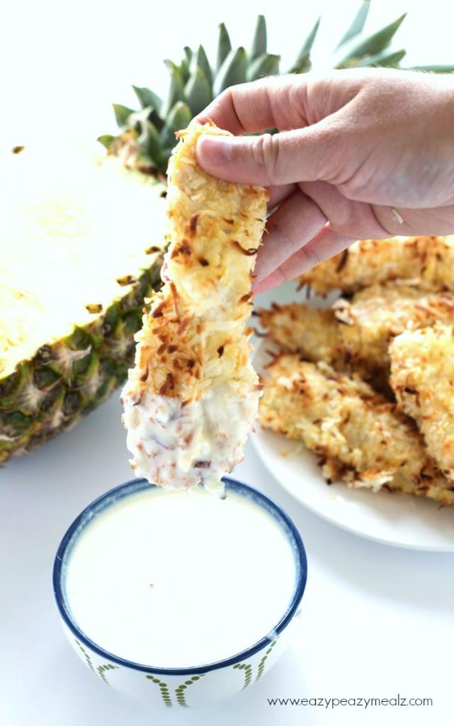 Coconut Crusted Chicken Strips with Creamy Pineapple Coconut Dipping