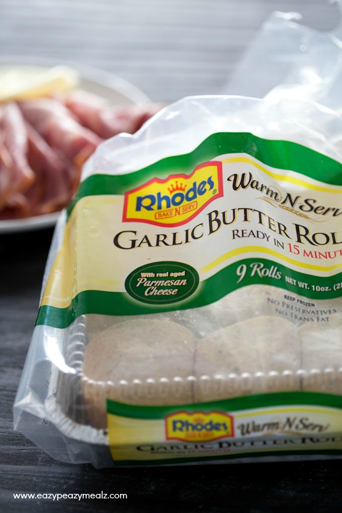 Cheesy Ham and Garlic Sandwich Bake: Rhodes Garlic Butter Rolls still in bag ready to warm and serve