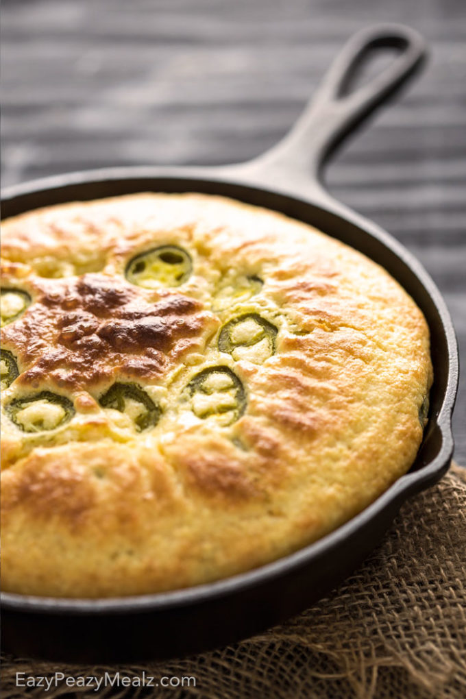 Cheddar Jalapeno Cornbread made using a mix and amped up with extras! This is seriously good stuff, perfect to go along with chili!