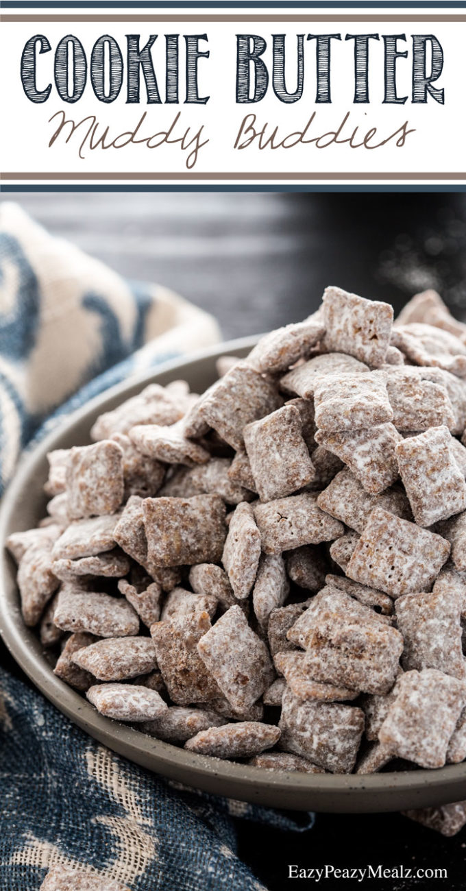 Cookie butter muddy buddies are everything you want in a snack, chocolate, sweet, and delicious, these will disappear at parties.