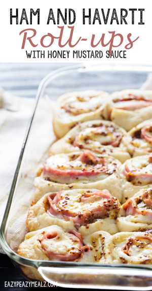 Ham and havarti roll up with a creamy honey mustard sauce.
