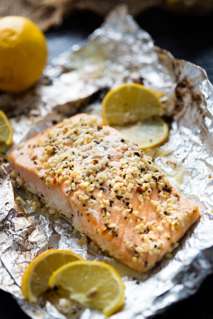 A fantastic garlic butter with lemon and basil salmon, that is easy to make and cooks in foil for easy clean up.