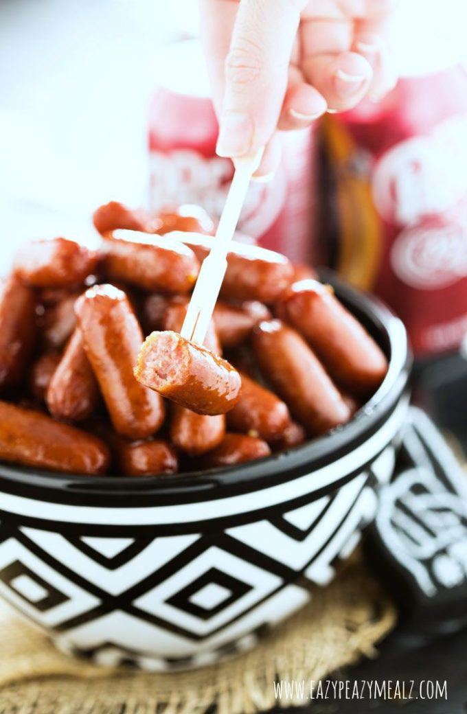 Dr Pepper BBQ Little Smokies, sweet sauce glazed little smokies, prepared in the slow cooker, and perfect for enjoying while watching your favorite college football team play!