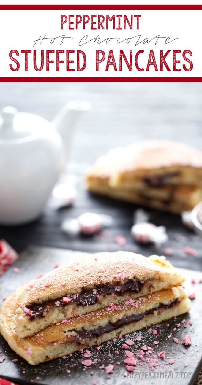 Peppermint hot chocolate stuffed pancakes are great for Christmas morning.
