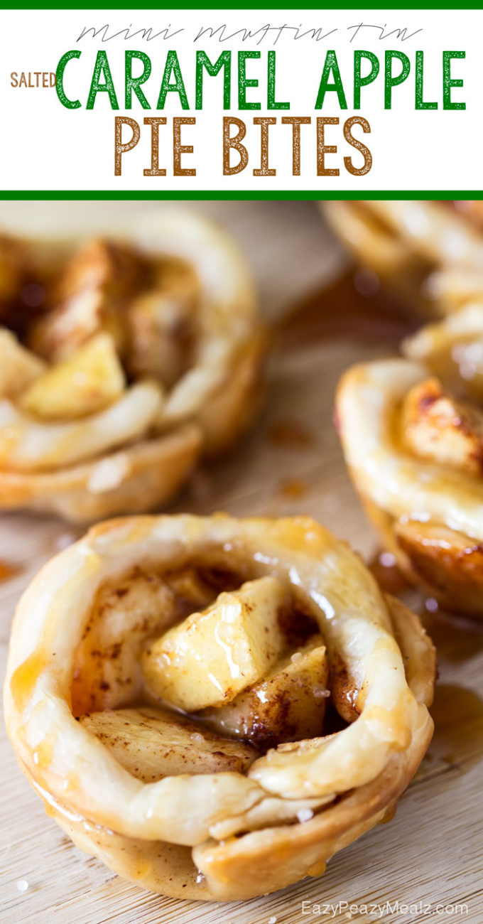 Muffin Tin Apple Pies: Little buttery, flaky pie bites, filled with apple and spices, and drizzled in caramel and salt!