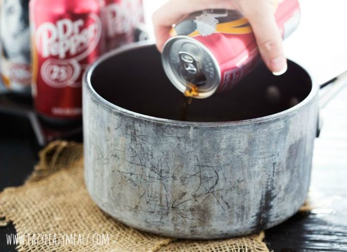 pouring dr pepper in the pan