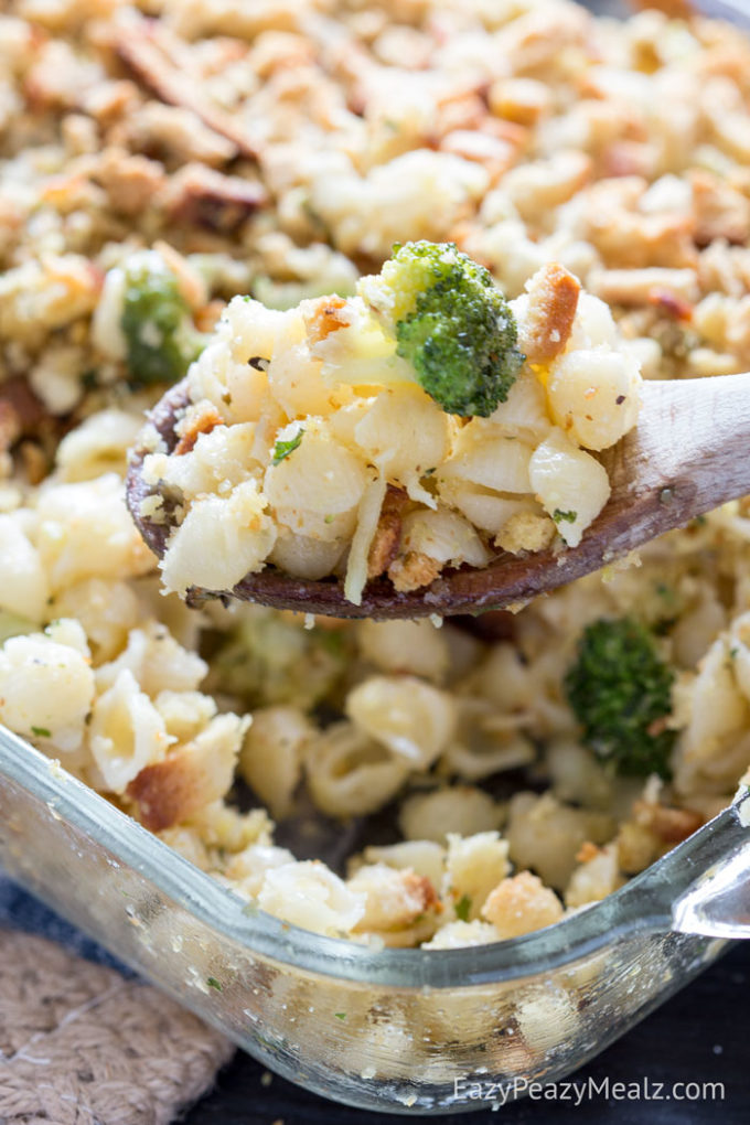 Creamy, white cheddar and broccoli mac and cheese shells casserole is a quick make and great for families