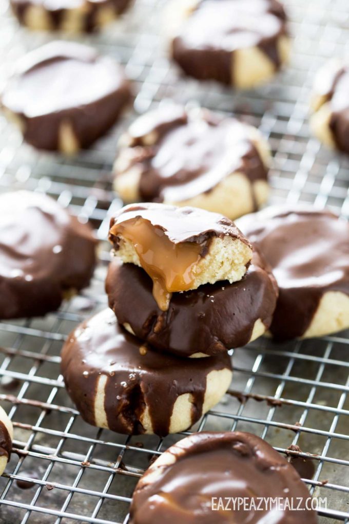 Chocolate covered caramel thumbprint cookies