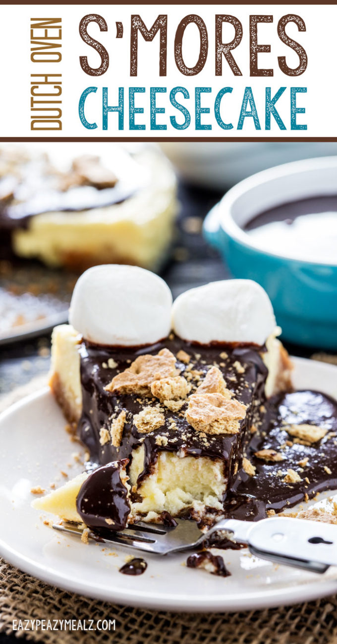 A marshmallow cheesecake made in a dutch oven (while camping), and topped with ganache and graham crackers