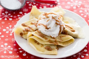 Easy to make crepes stuffed with cookie butter and topped with whipped cream and caramel