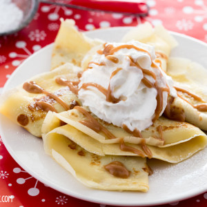 Easy to make crepes stuffed with cookie butter and topped with whipped cream and caramel