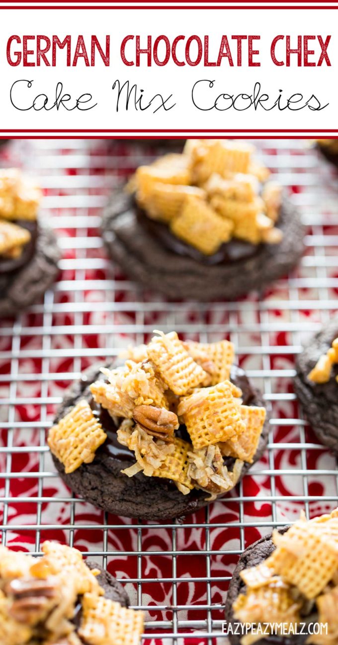 German chocoalte cake mix cookies, topped with chocolate ganache and a caramel coconut chex mix