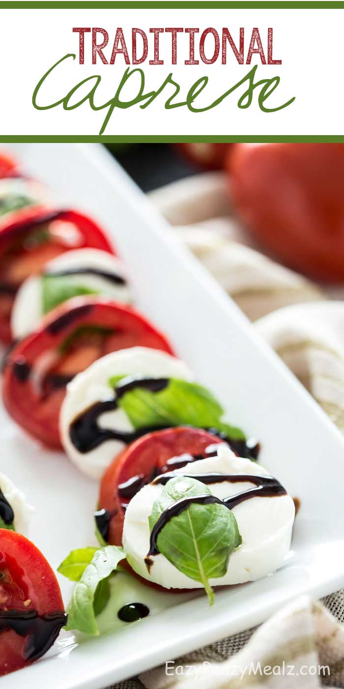 A traditional caprese with fresh mozzarella, basil, and tomato, and topped with reduced balsamic! 