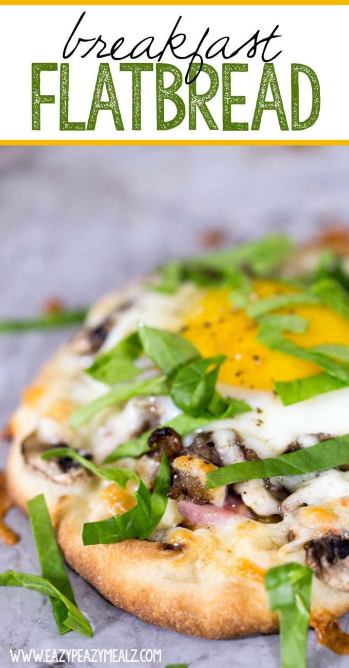 Breakfast flatbread: breakfast meats, cheese, veggies, and an egg with a perfectly runny yolk makes this an easy, hearty, and delicious breakfast.