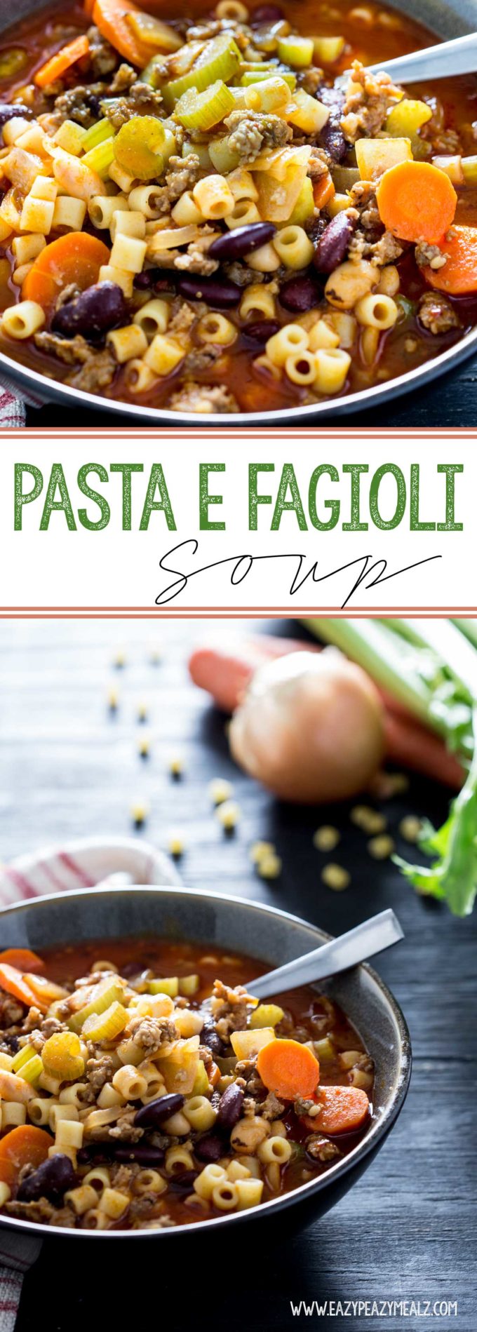 Pasta Fagioli Soup: This hearty, flavorful soup made from Italian Sausage, veggies, marinara base, pasta and beans can be on the table in under 30 minutes. 