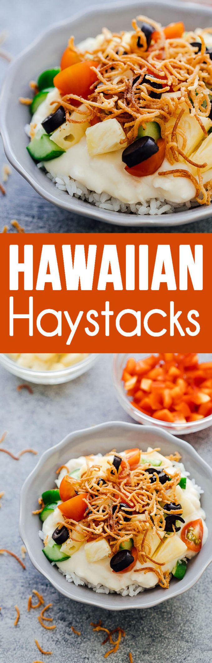 Hawaiian Haystacks are made up of creamy chicken and topped with lots of fun toppings. 